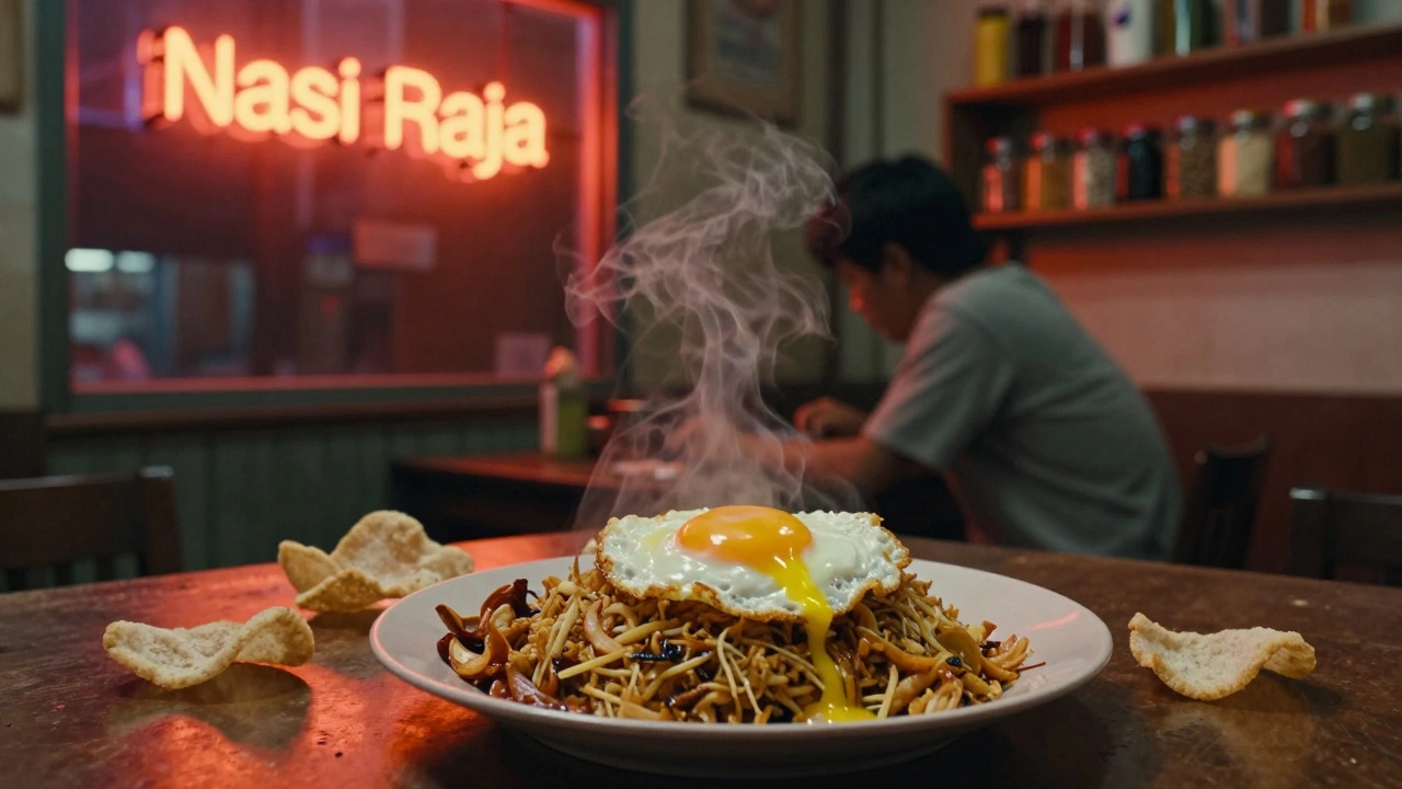 Steaming nasi goreng with fried egg and krupuk in a cozy Indonesian restaurant at 3 a.m.