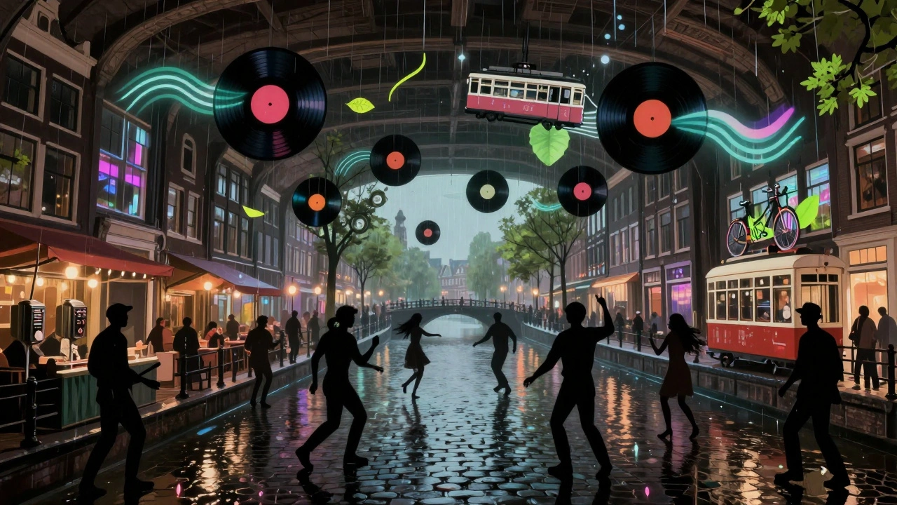 Surreal basement club with floating vinyl records emitting sounds as visual elements of Dutch city life.