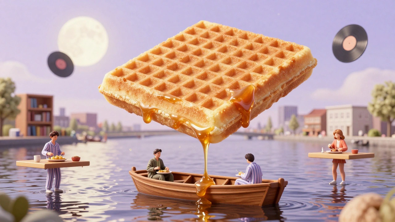 Surreal floating stroopwafel above the Amstel River with people eating from tiny tables on boats.