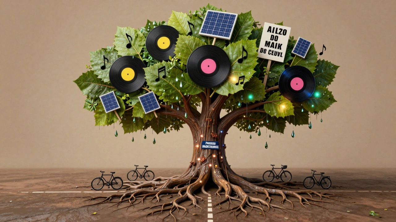 Surreal tree with club venues as roots and vinyl leaves, symbolizing Amsterdam's sustainable underground music culture.
