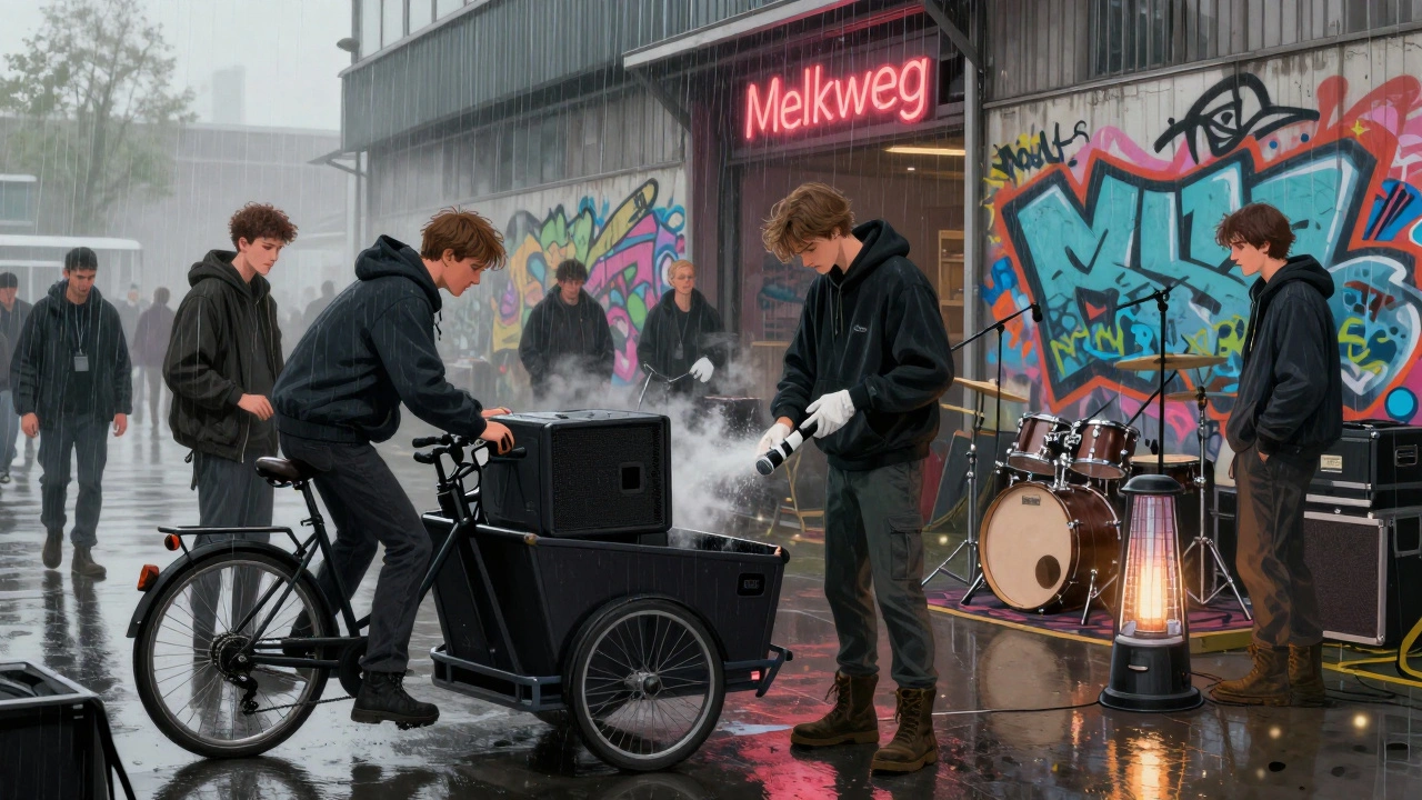 Technicians unloading speakers from a cargo bike under rainy Amsterdam sky, heater glowing under drum riser.