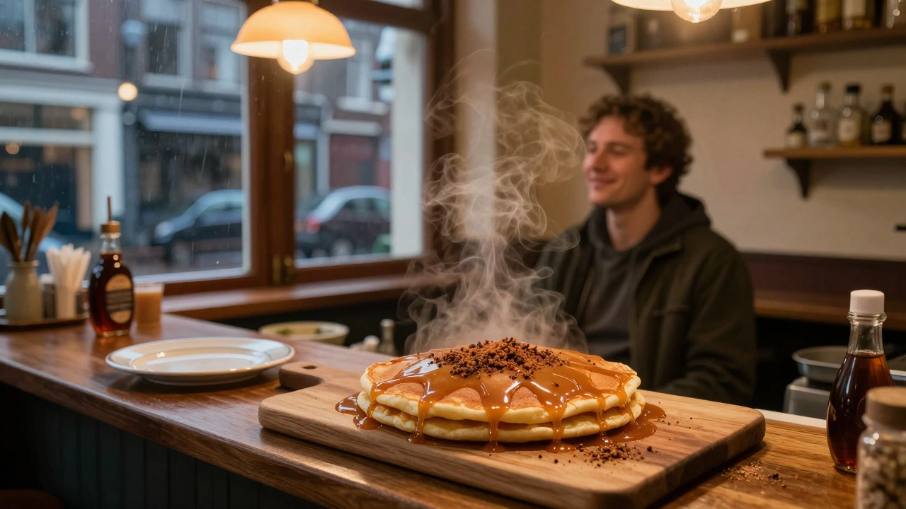 Thick Dutch pancake with caramel and spices on a wooden board at a late-night diner.