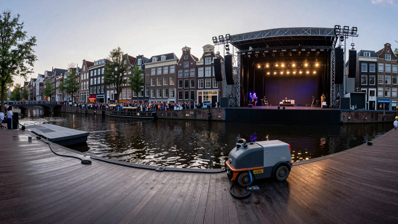 Time-lapse of Amsterdam live music cycle: cable on wet dock, crowded stage, empty stage with sweeper at dawn.