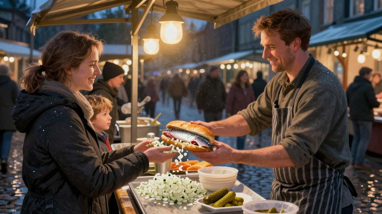 Vendor serving fresh raw herring sandwich to a customer at a nighttime market stall.