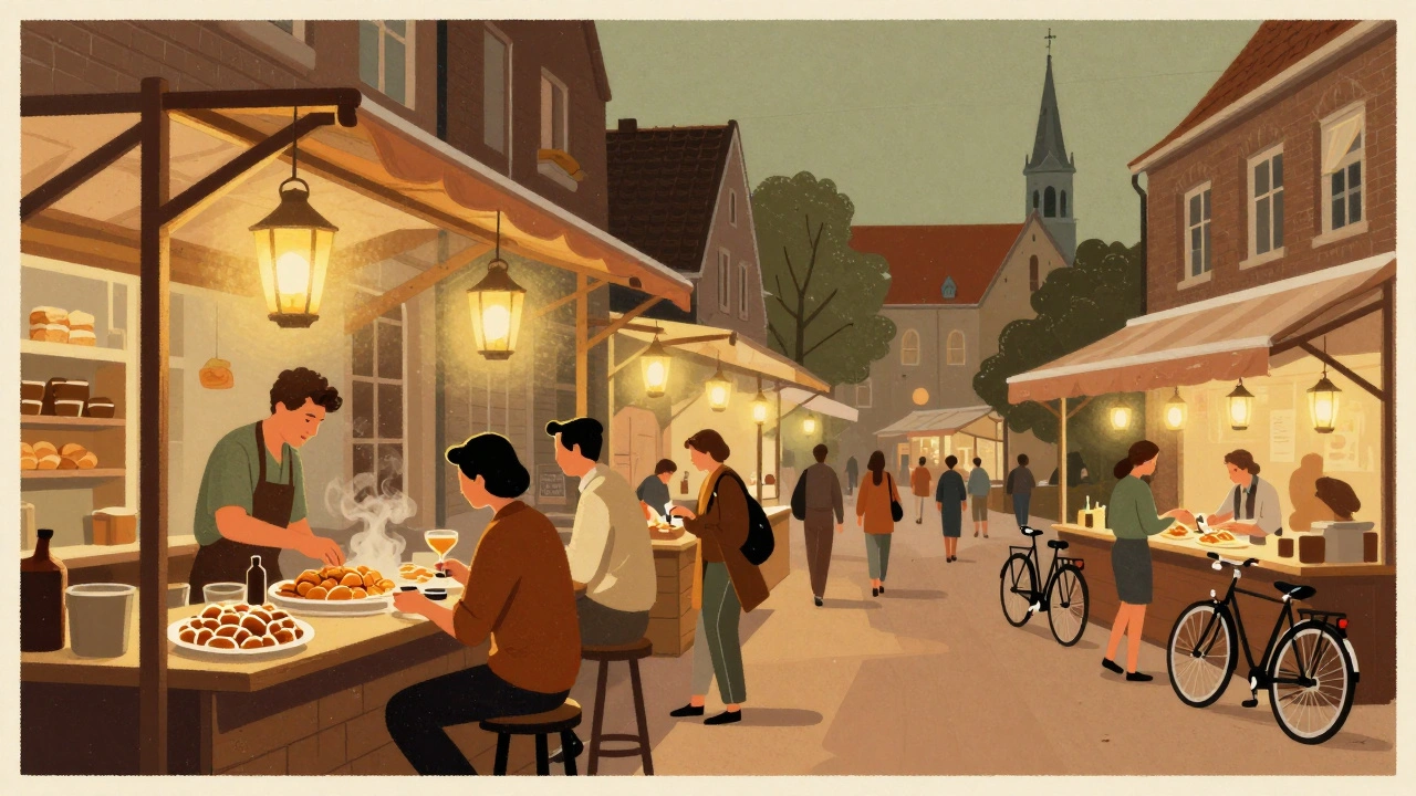 Vintage-style poster of Amsterdam&#039;s Foodhallen at night with patrons enjoying Dutch snacks under lanterns.