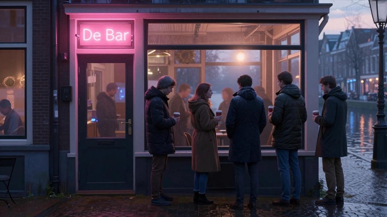 A quiet line of people wait outside De Bar at sunrise, neon sign glowing over wet cobblestones.