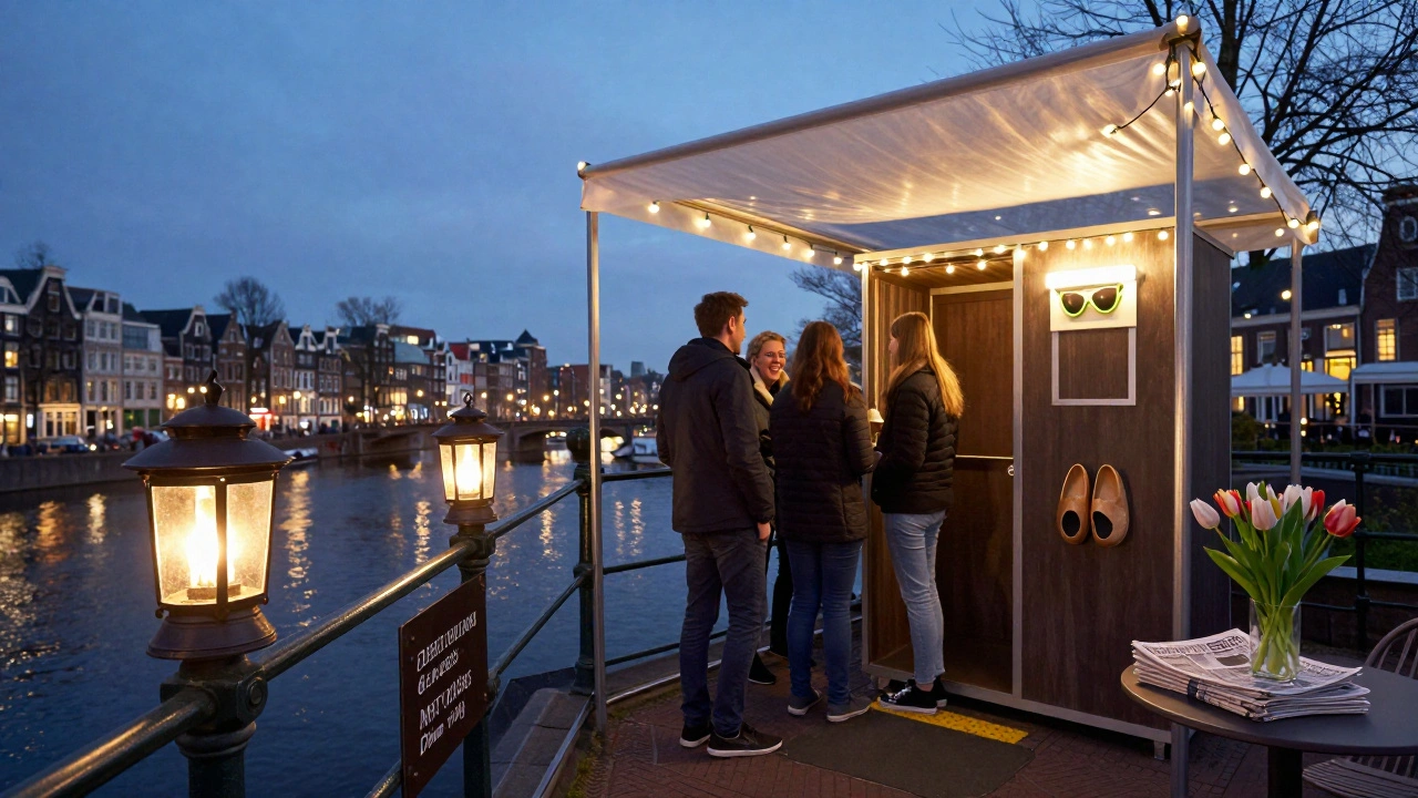 A rooftop terrace with weighted lanterns, a pop-up canopy, and Dutch-themed photo booth props at dusk.