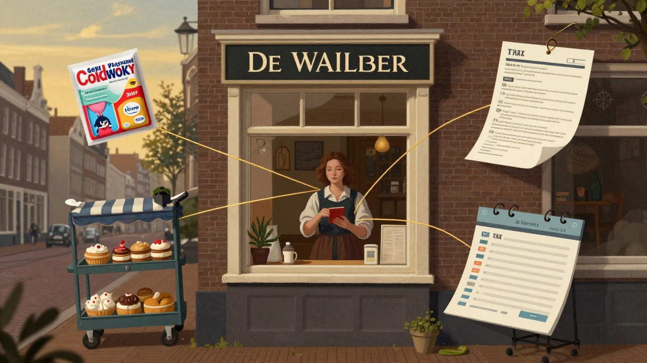 An artistic depiction of a sex worker’s economic ecosystem with supporting businesses like pharmacy, bakery, and tax forms connected by golden threads.