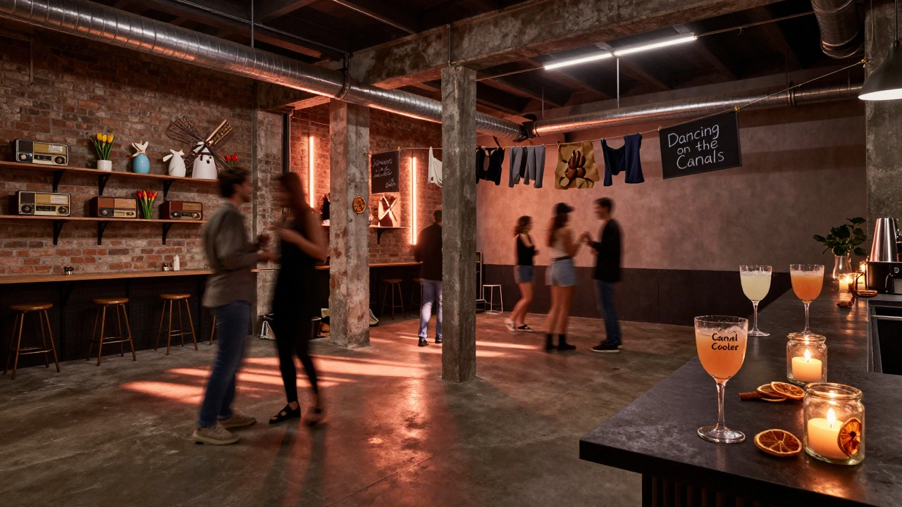 An industrial warehouse with LED lights, chalkboard signs, and jenever bottle centerpieces glowing warmly.