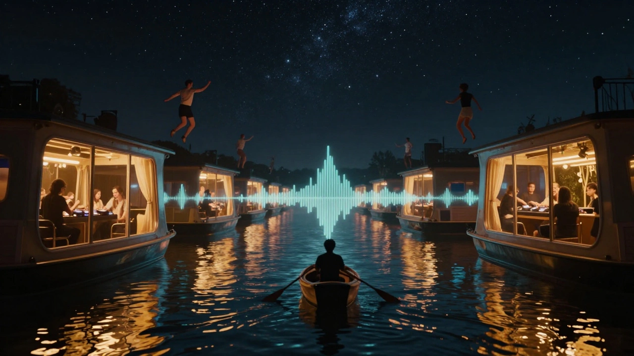 Club NYX ceiling opens to the night sky as canal boats float by outside, golden sound waves connect the water to the dance floor in a surreal, dreamlike scene.