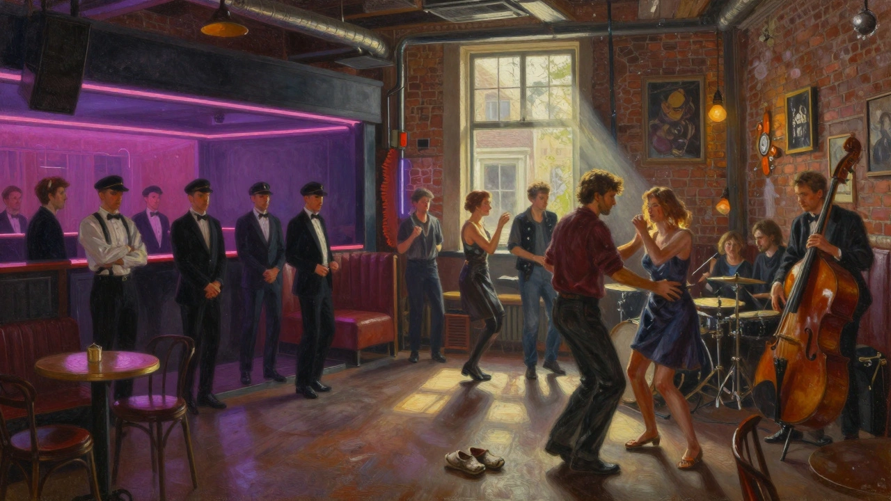 Contrasting scene: gritty authentic nightclub on one side, sterile modern club on the other, with dawn light breaking through high windows.