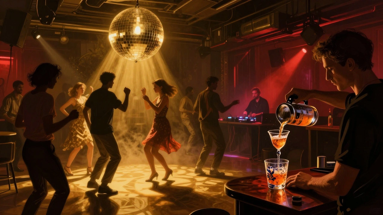 Inside Club NYX during 'De Gouden Uren' event, golden and crimson lighting illuminates dancers under a mirror ball, no neon, only deep shadows and warm highlights.