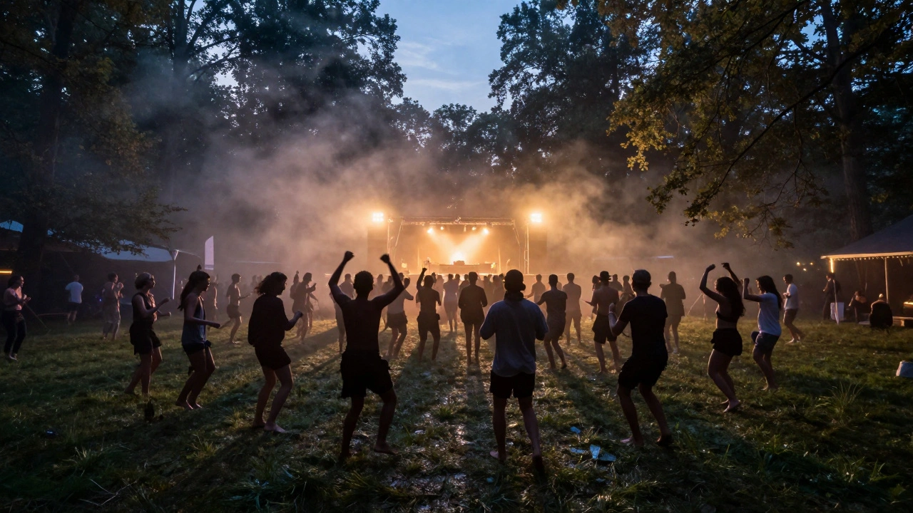 People dancing barefoot in a foggy forest at dawn during the Awakenings festival.