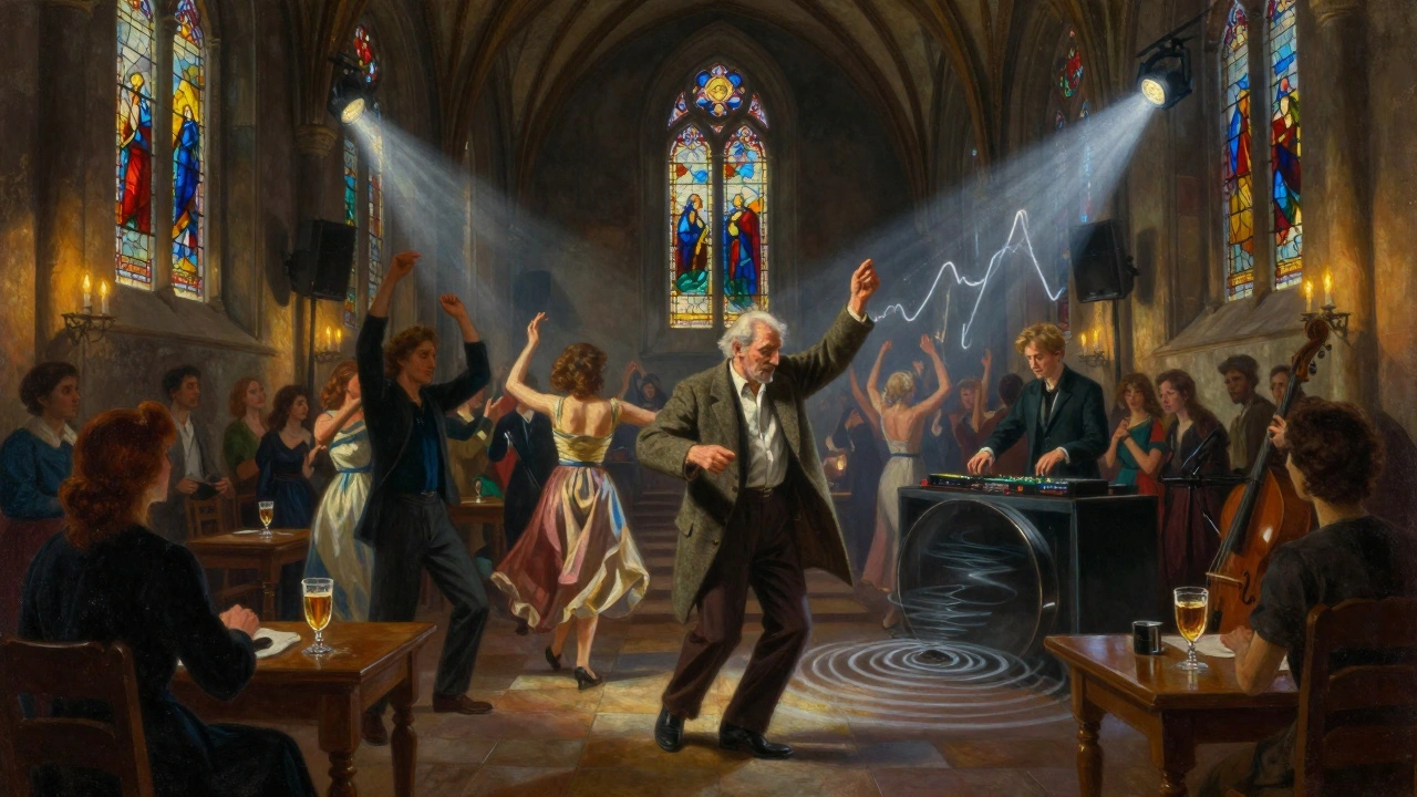 Stained-glass light illuminating a diverse crowd dancing inside Paradiso church, bass waves visible in the air.