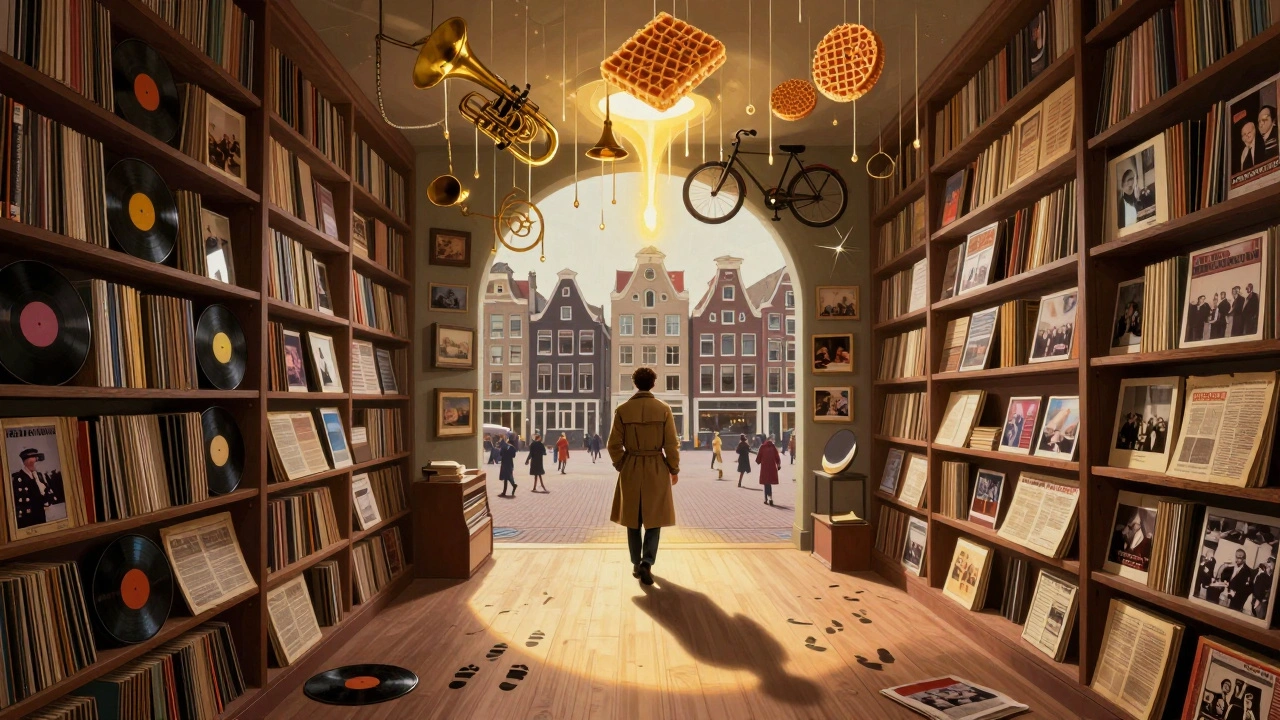 Surreal vision of De Marktkantine as a living archive made of records, photos, and glowing footprints, symbolizing Amsterdam's cultural soul.