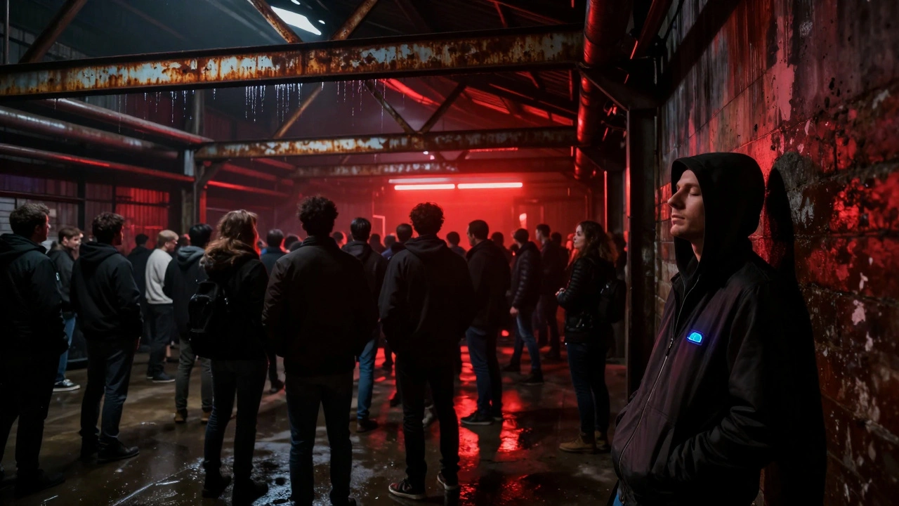 Underground warehouse party at Troxy with dense crowd moving to techno, condensation on walls, no signs or logos visible.