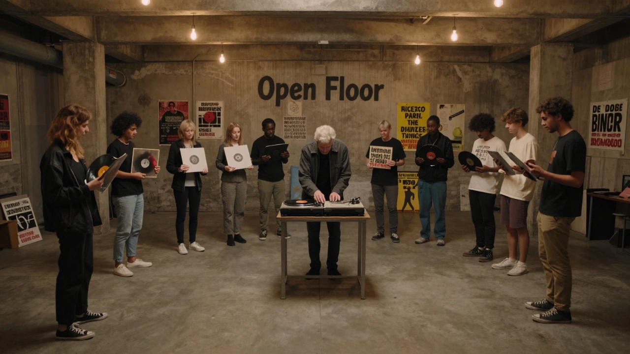 A circle of people at De Bunker sharing vinyl records on a turntable during an open-floor dance night.