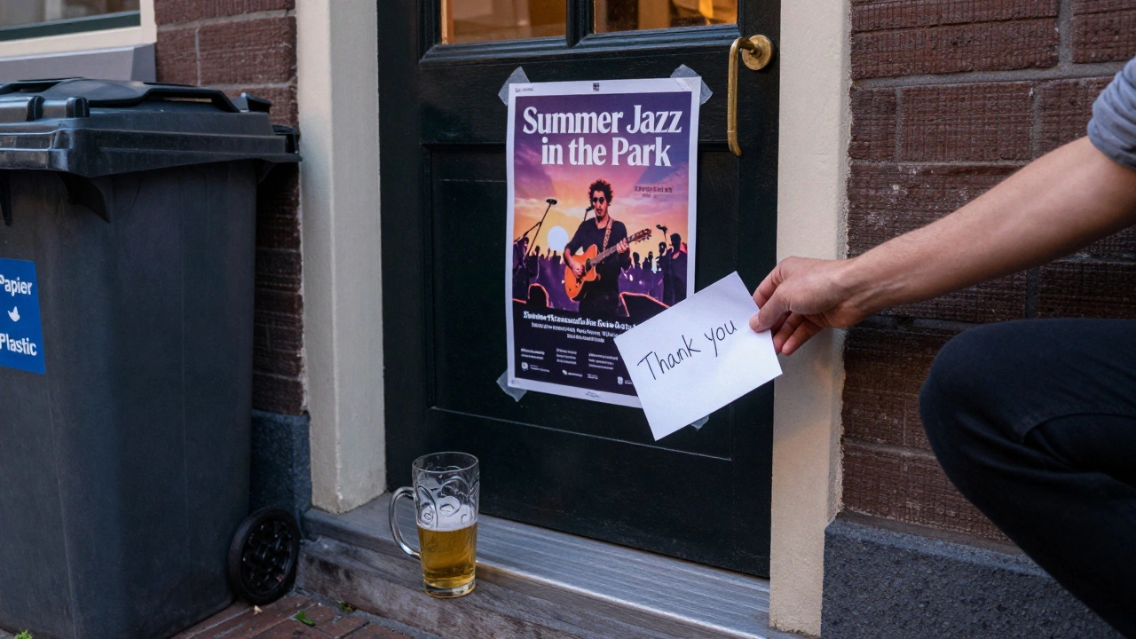A handwritten thank-you note left on a doorstep in De Pijp with concert flyer and recycling bin, symbolizing community respect.