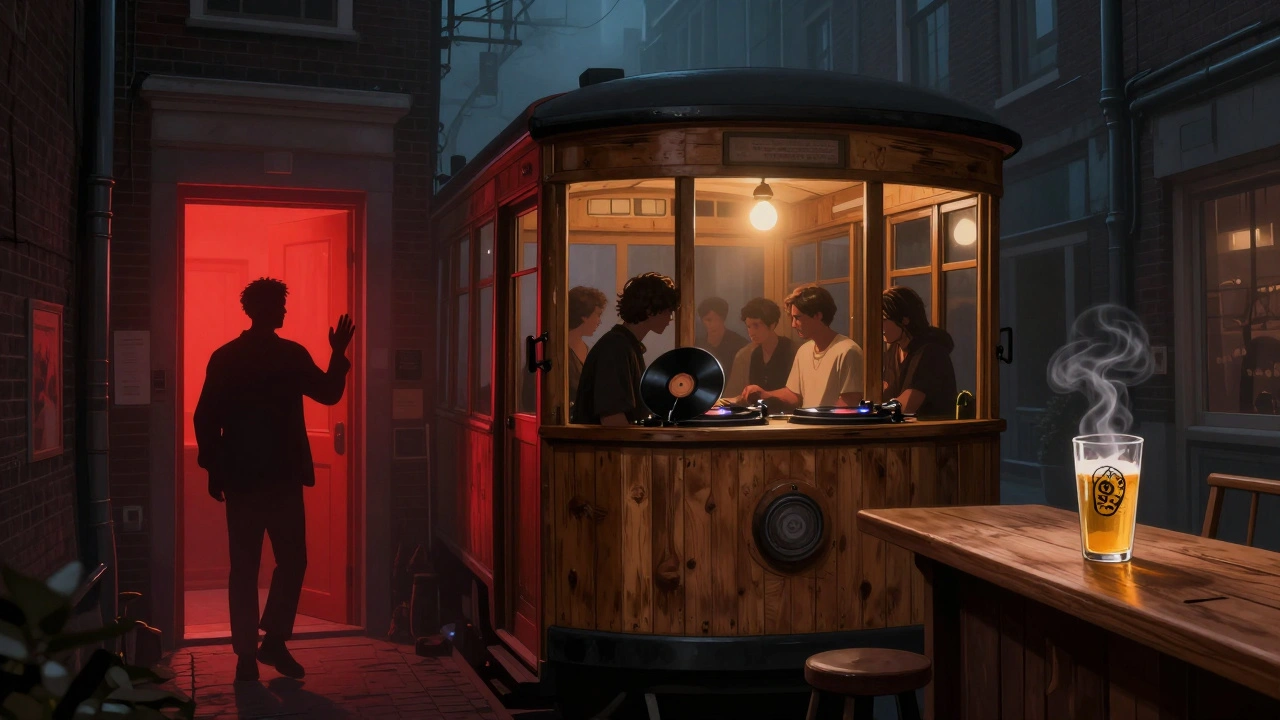 A hidden club with a red door in a narrow alley, people dancing tightly on a small floor under a single bulb.