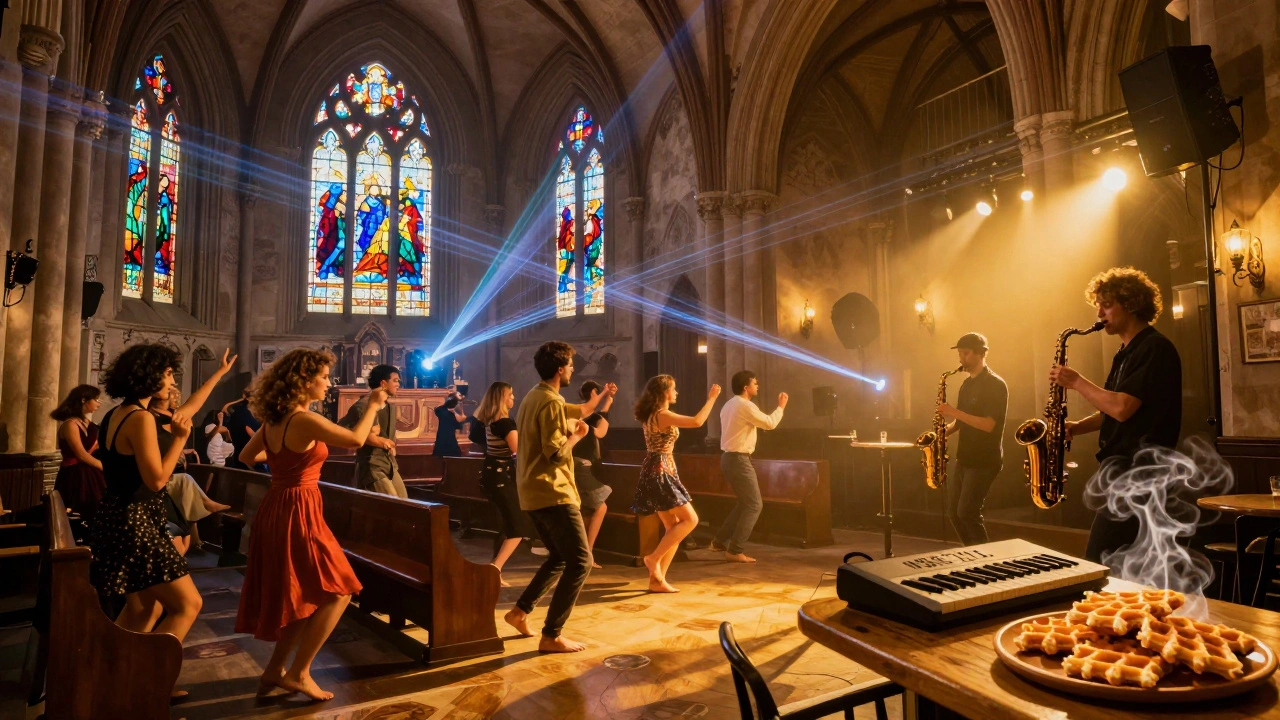 A historic church turned music venue with laser lights shining through stained glass, diverse crowd dancing on wooden pews.