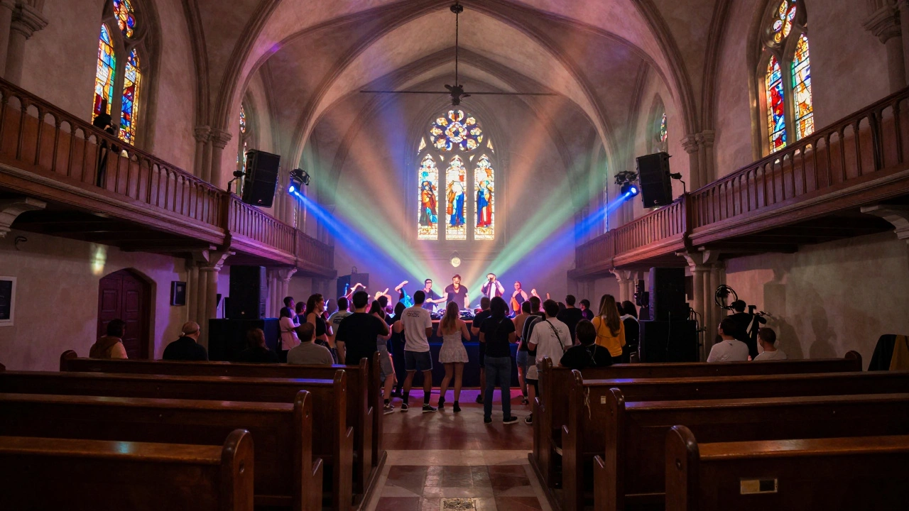 Crowd dancing inside Paradiso’s historic church venue under colored lights, with wooden pews and high vaulted ceilings surrounding the stage.