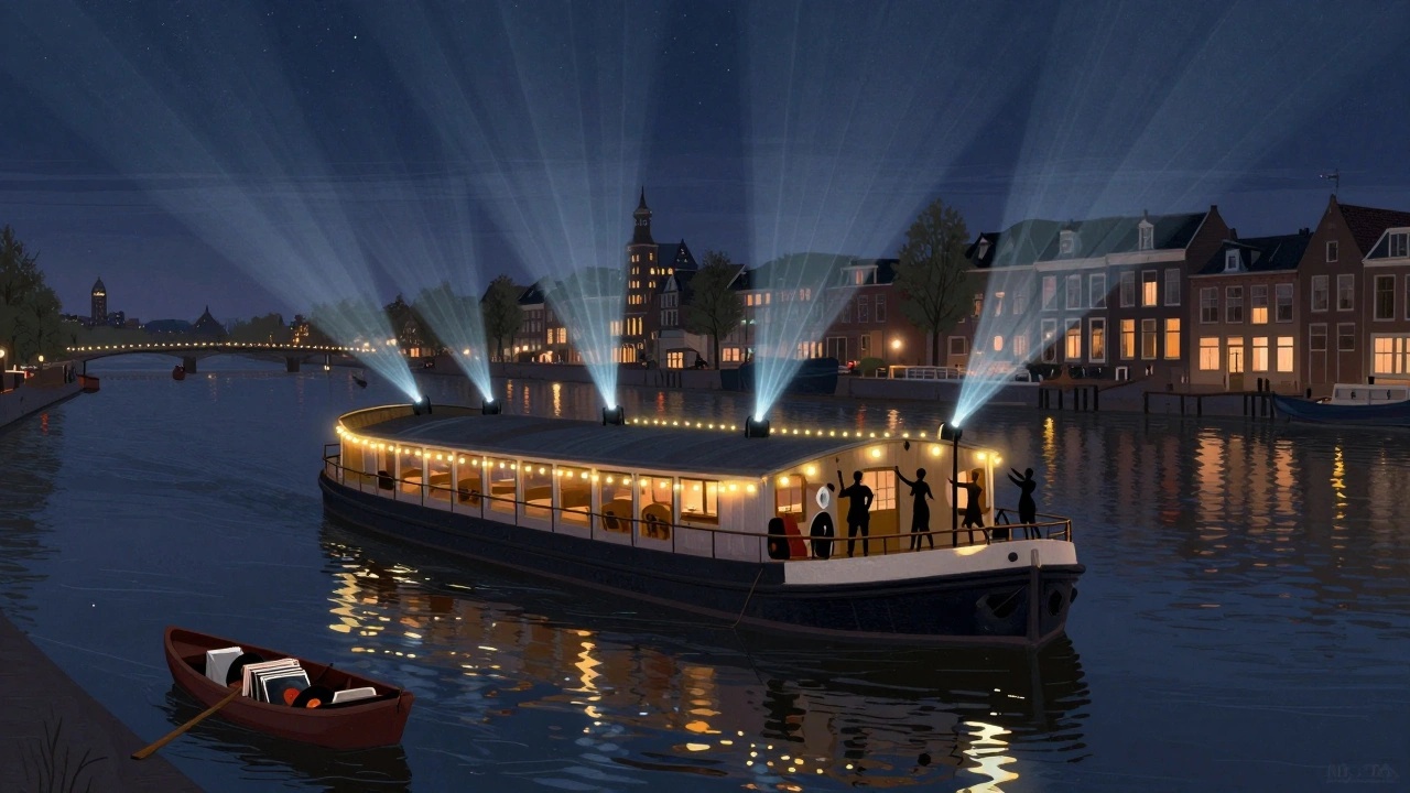 Floating club on the Amstel River at night with dancers and city skyline reflections.