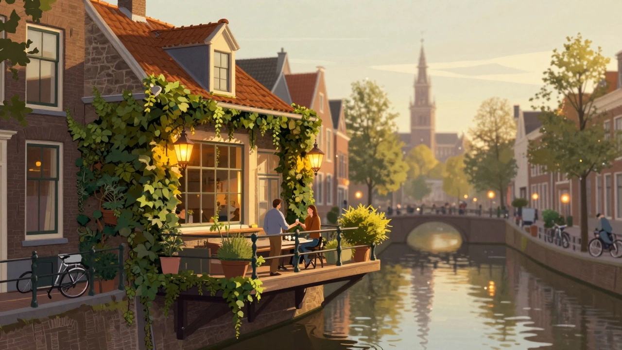 Intimate rooftop garden terrace overlooking Amsterdam’s canal houses at golden hour.
