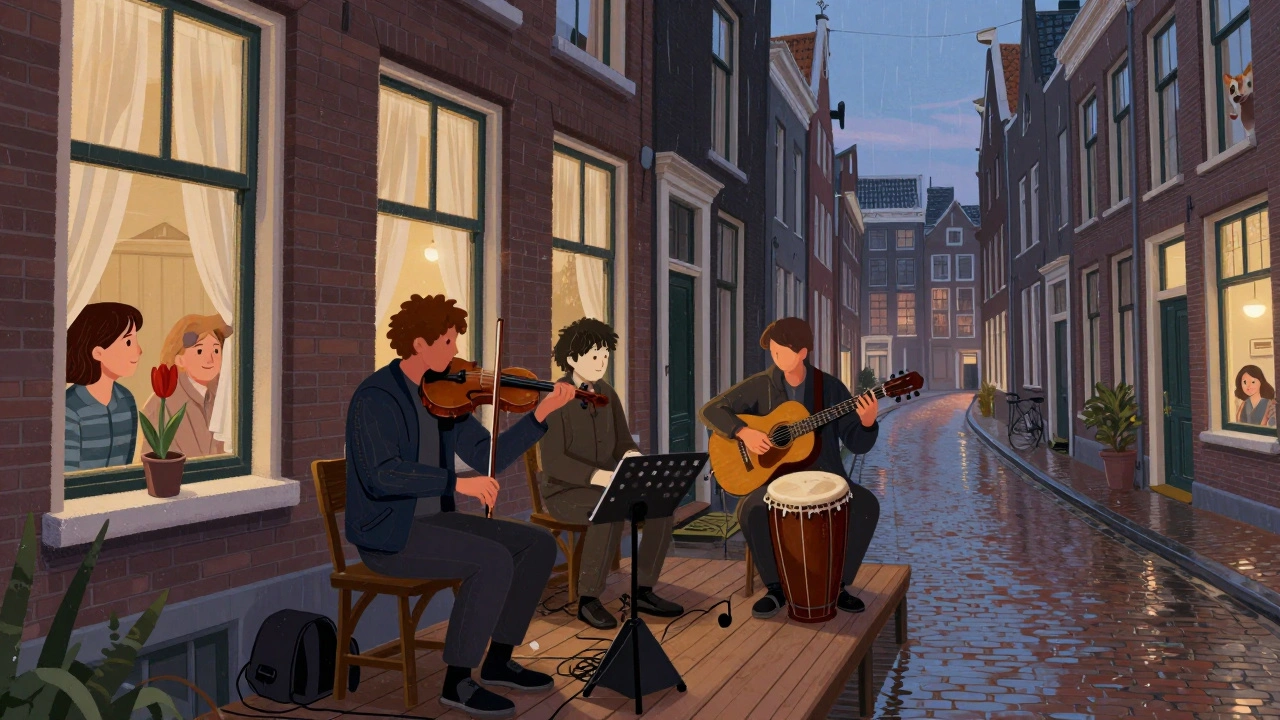 Local musicians performing on a terrace in Jordaan as neighbors listen warmly through windows of historic canal houses.