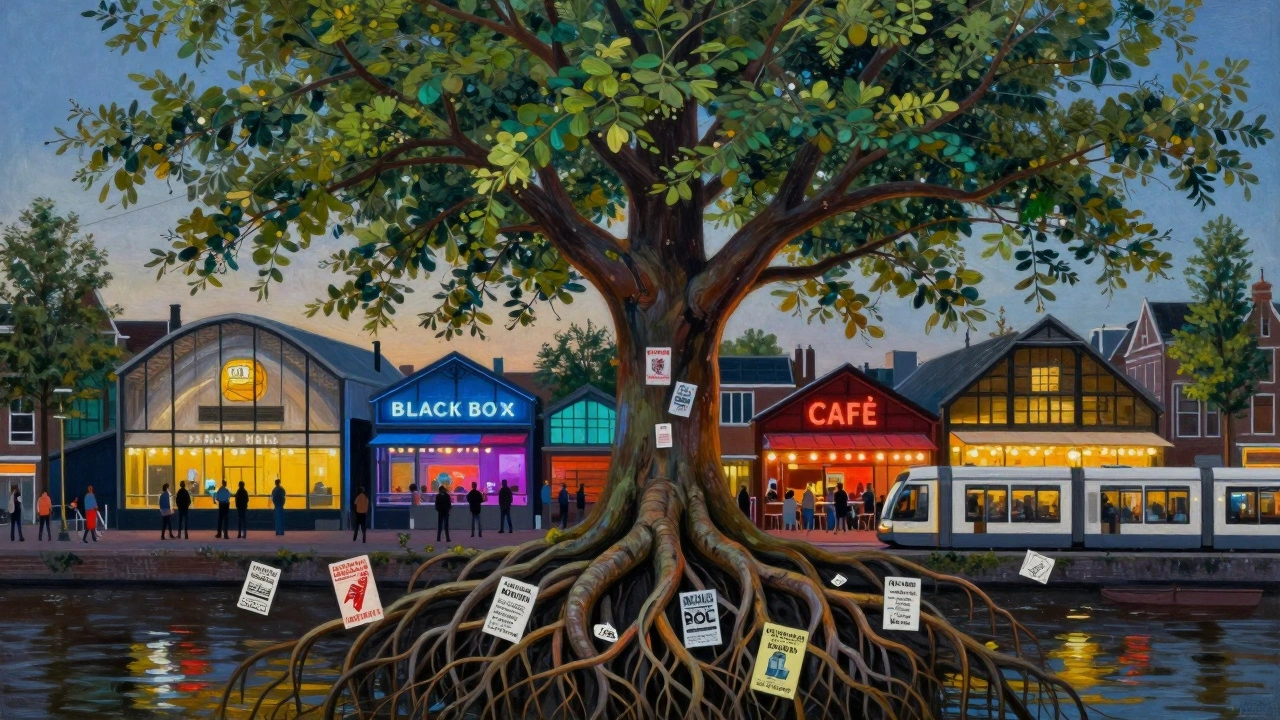 Melkweg depicted as a tree with venue spaces as branches, rooted in Amsterdam's canal landscape.