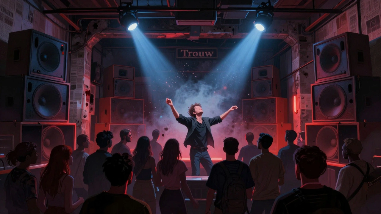 People dancing in the historic Trouw venue with ink-stained walls and powerful sound systems lighting the night.