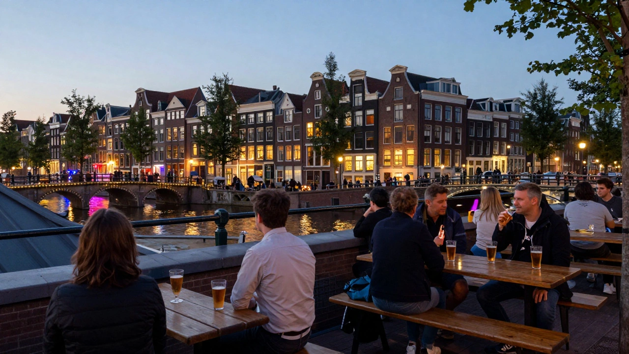 Quiet rooftop terrace at Paradiso before midnight, with a view of the bridge and city lights, people sipping drinks under soft evening glow.