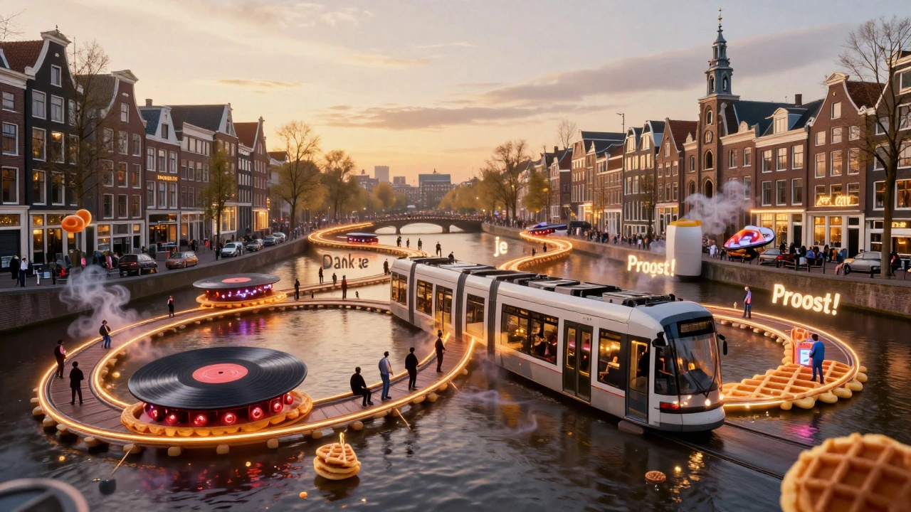 Surreal cityscape where Amsterdam's clubs form a glowing tram network of music and culture.