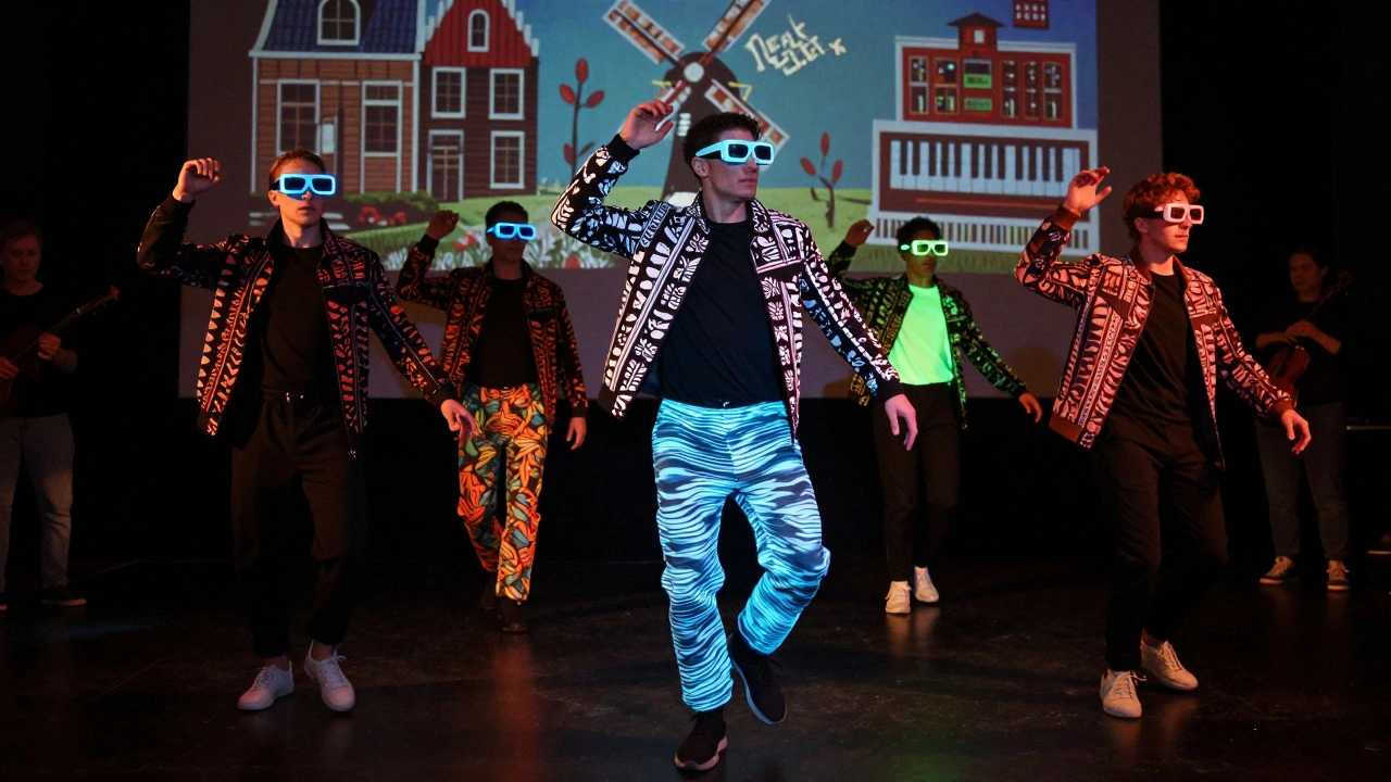 A dancer in augmented reality glasses whose clothing transforms into windmills and canal ripples as they move through a dimly lit space.