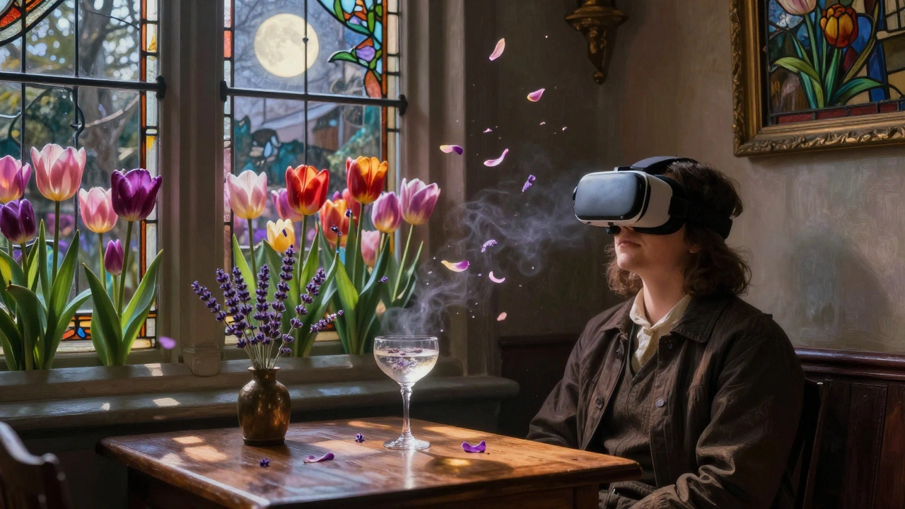 A serene individual in a tulip garden VR setting, sipping a gin and tonic under soft moonlight.