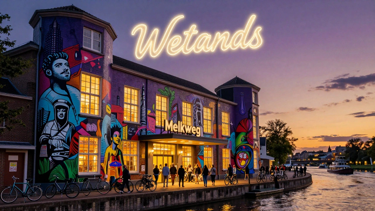 Comic book style exterior of Melkweg at twilight with murals, neon event signs, and cyclists by the river.