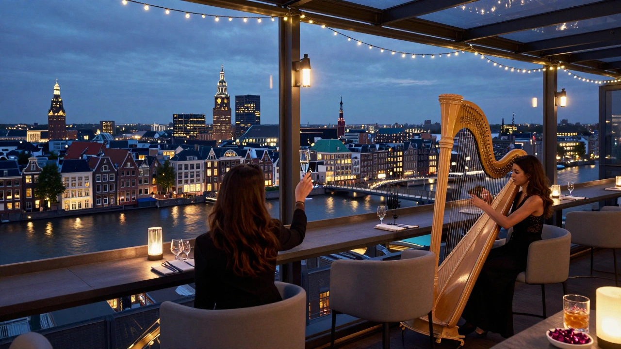 Couples celebrating at SkyLounge Amsterdam's 16th-floor rooftop with city lights and a harpist playing in the background.