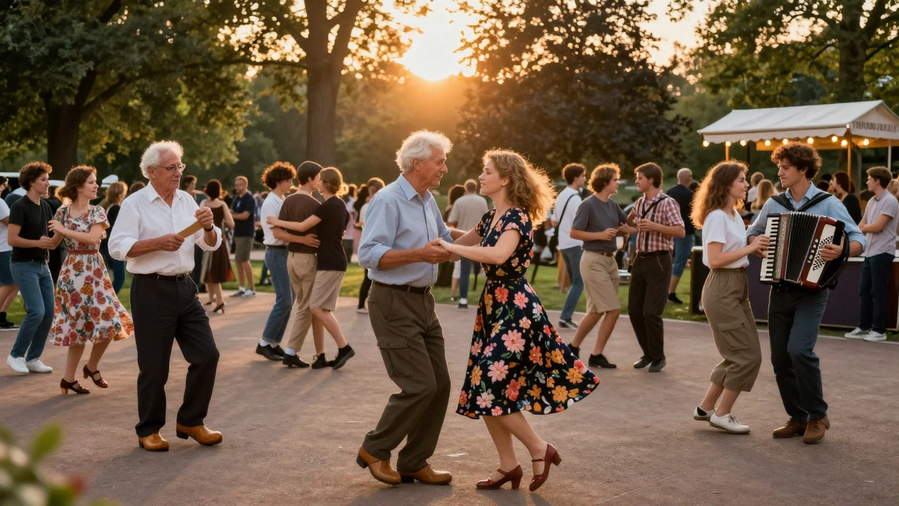 Diverse group of people dancing together in Vondelpark at sunset, blending traditional Dutch dance with modern movement under trees.