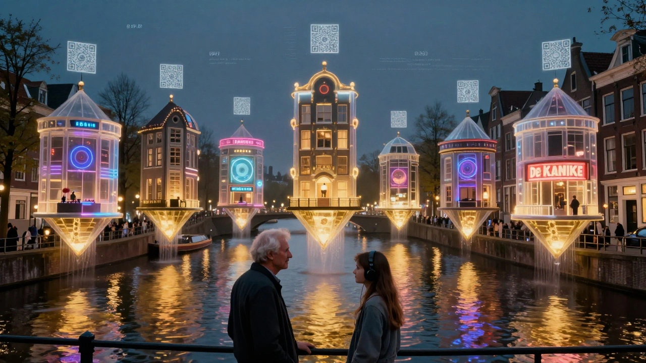 Floating historic techno venues above Amsterdam canals, emitting glowing basslines that connect into one sonic river.