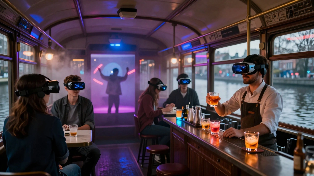 Guests in a converted tram depot experiencing virtual dance floors while bartenders serve color-shifting drinks.