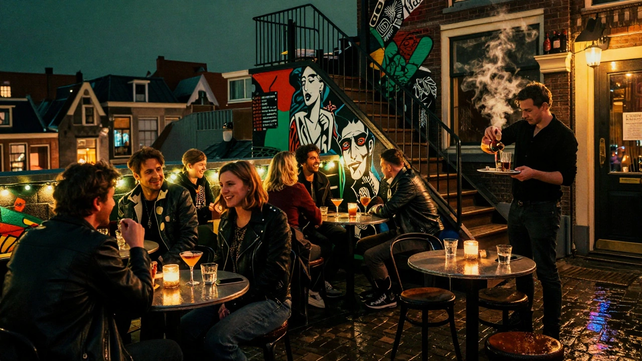 Intimate rooftop bar in Jordaan with string lights and locals drinking unique cocktails amid vintage punk murals.