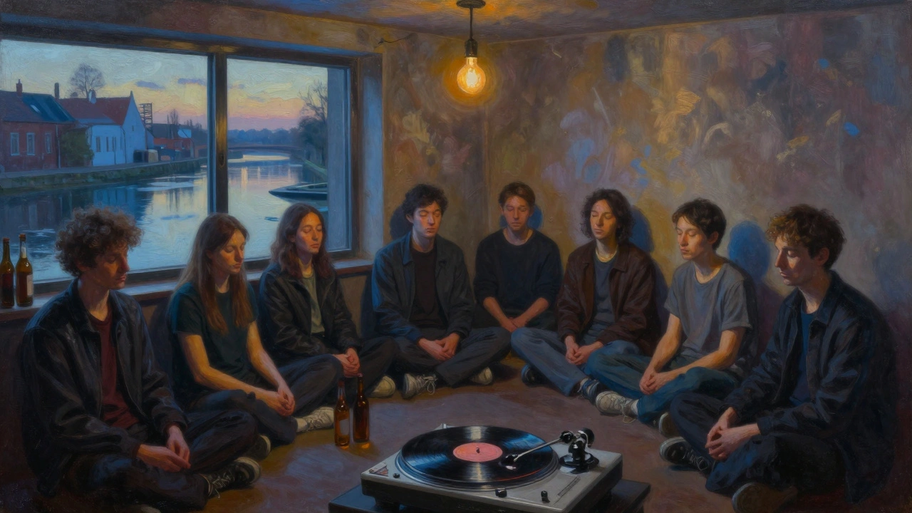 Quiet basement scene at Paradiso with people sitting on the floor during Techno Tuesday, bathed in soft dawn light through a high window.