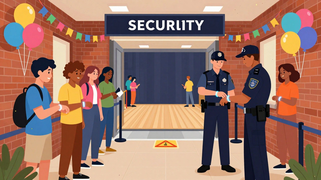 Security officers checking wristbands at the entrance of a teen event.