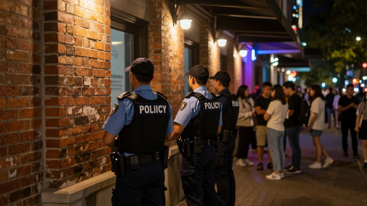 Security personnel standing near venue entrance with patrons waiting nearby.