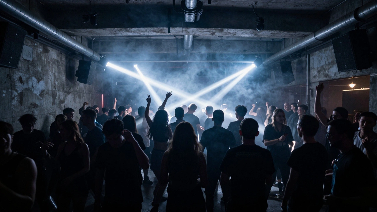 Silhouetted crowd dancing in a concrete-walled club with bright strobe lights.
