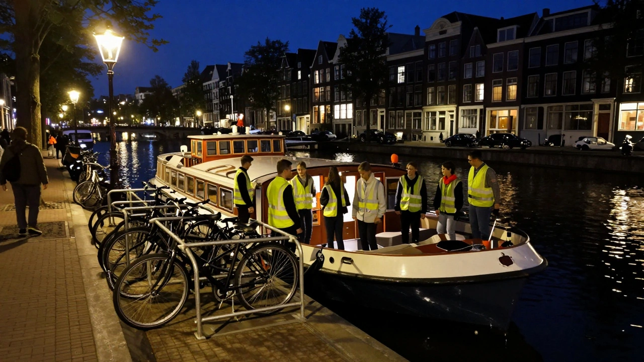 Teens boarding a party boat on Amsterdam canal at night.