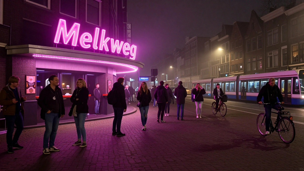 The iconic neon Melkweg sign glows over Leidseplein as people gather outside the legendary venue.
