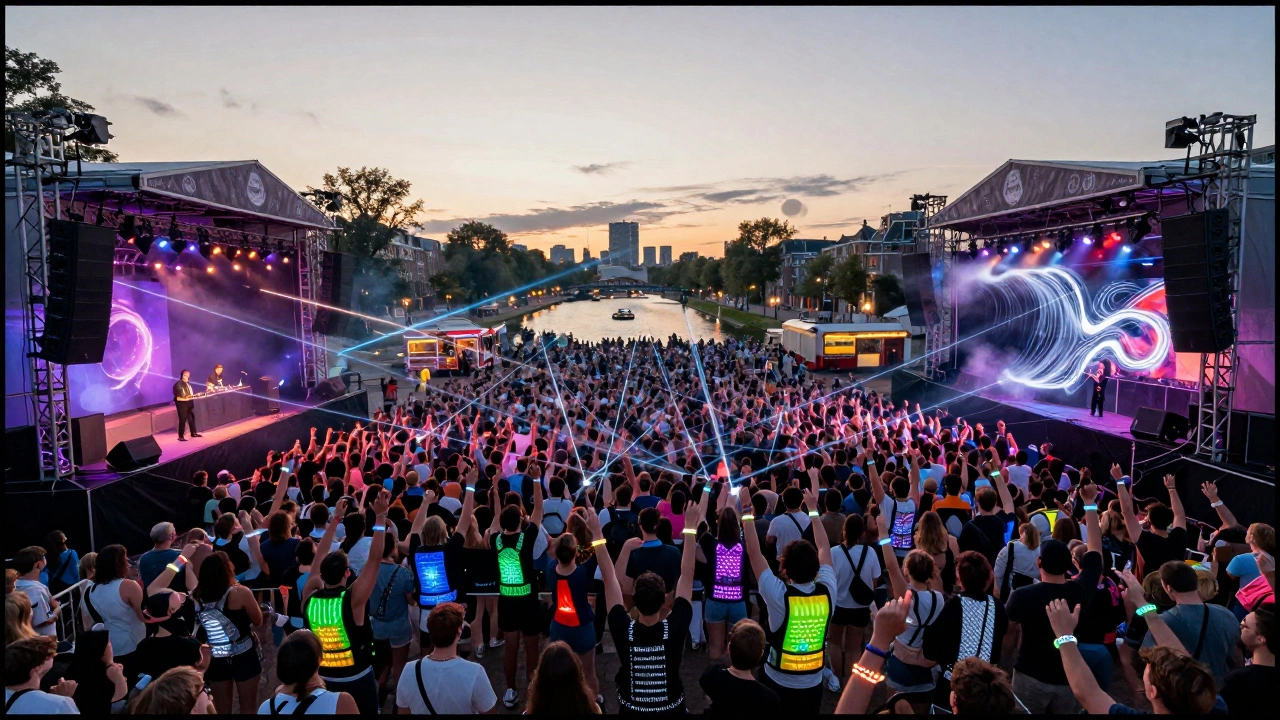 Thousands of people at Awakenings Festival dancing under laser lights and massive speakers at dawn, wearing glowing accessories.